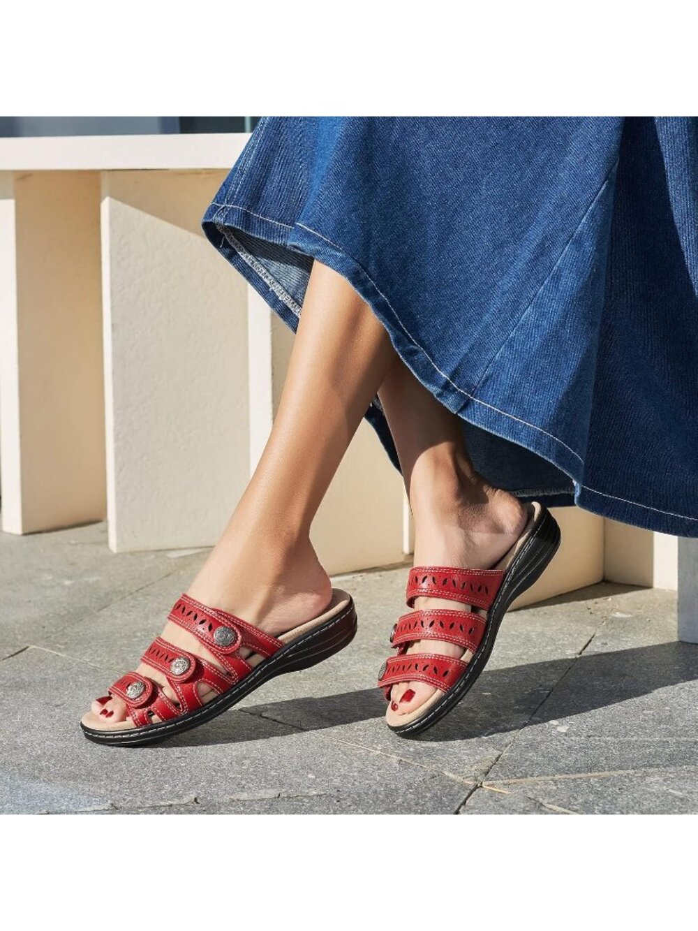 Women's Comfort Leather Slides Flat Sandals Red Slip On Casual Walking Slippers - Picture 3 of 6